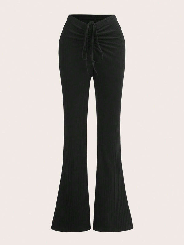 Ribbed Flare-Leg Trousers with Ruched Drawstring Waist