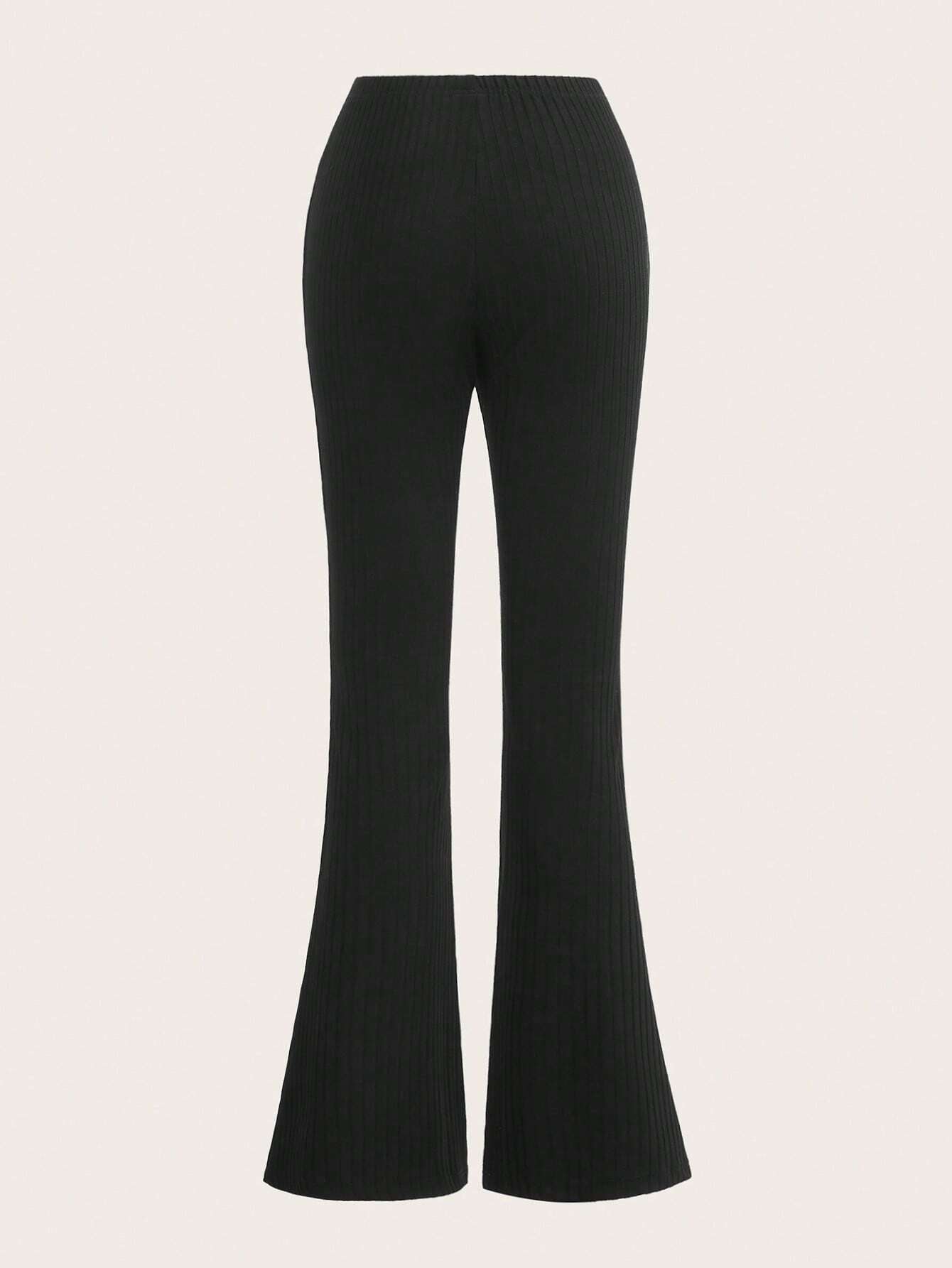 Ribbed Flare-Leg Trousers with Ruched Drawstring Waist