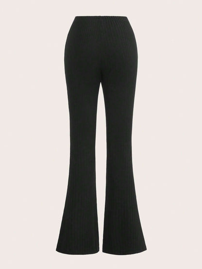 Ribbed Flare-Leg Trousers with Ruched Drawstring Waist