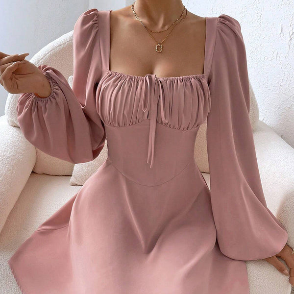 Square Neck A-Line Dress with Ruched Bust and Bubble Sleeves