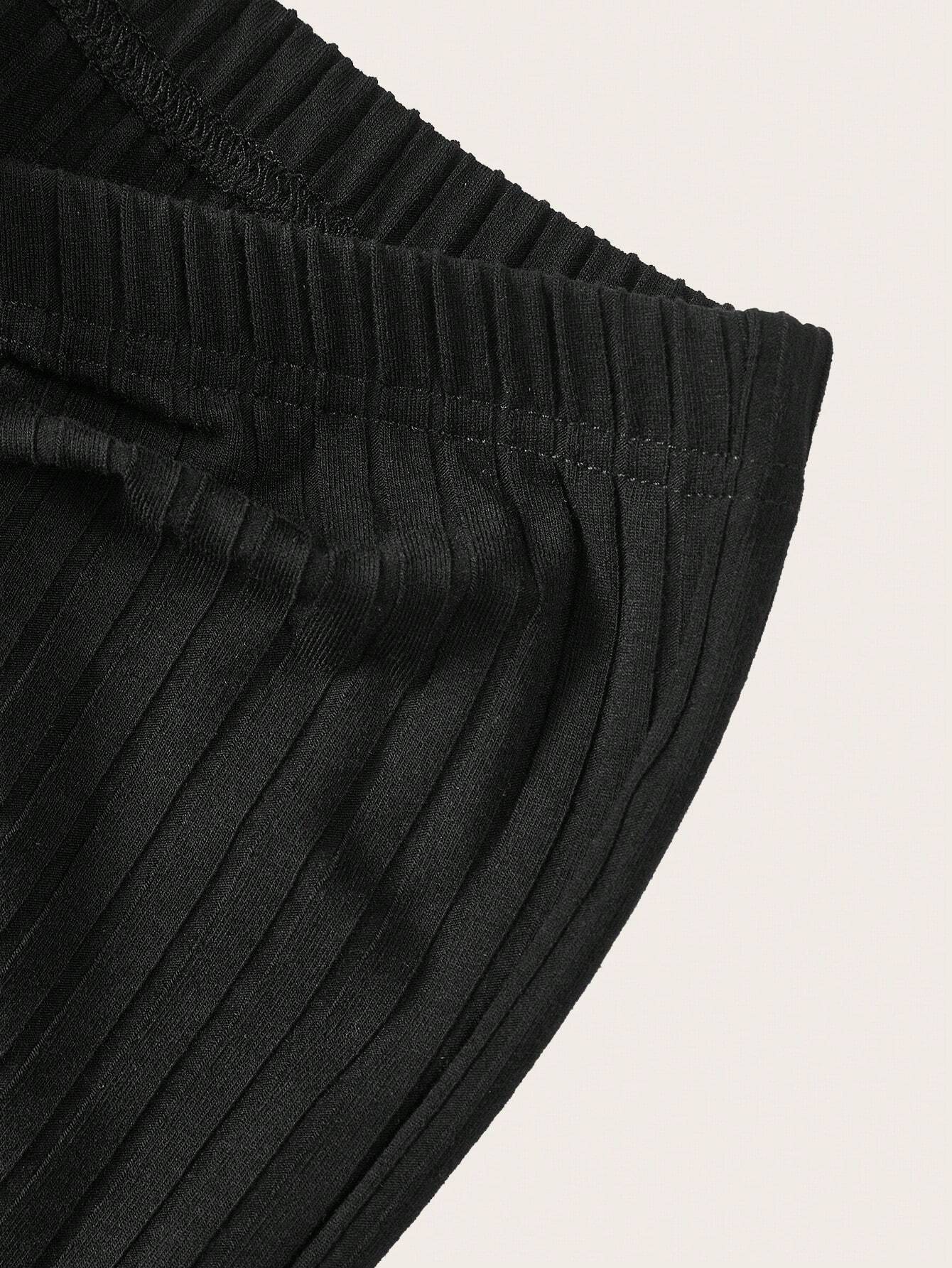 Ribbed Flare-Leg Trousers with Ruched Drawstring Waist