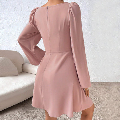 Square Neck A-Line Dress with Ruched Bust and Bubble Sleeves