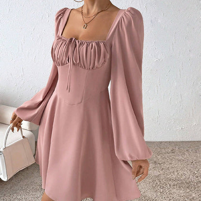 Square Neck A-Line Dress with Ruched Bust and Bubble Sleeves
