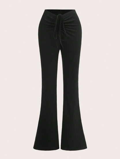 Ribbed Flare-Leg Trousers with Ruched Drawstring Waist