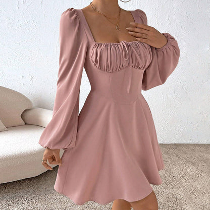 Square Neck A-Line Dress with Ruched Bust and Bubble Sleeves
