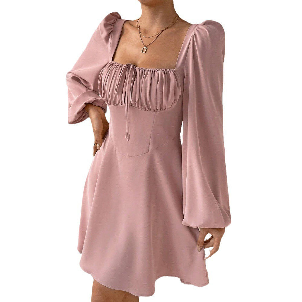 Square Neck A-Line Dress with Ruched Bust and Bubble Sleeves