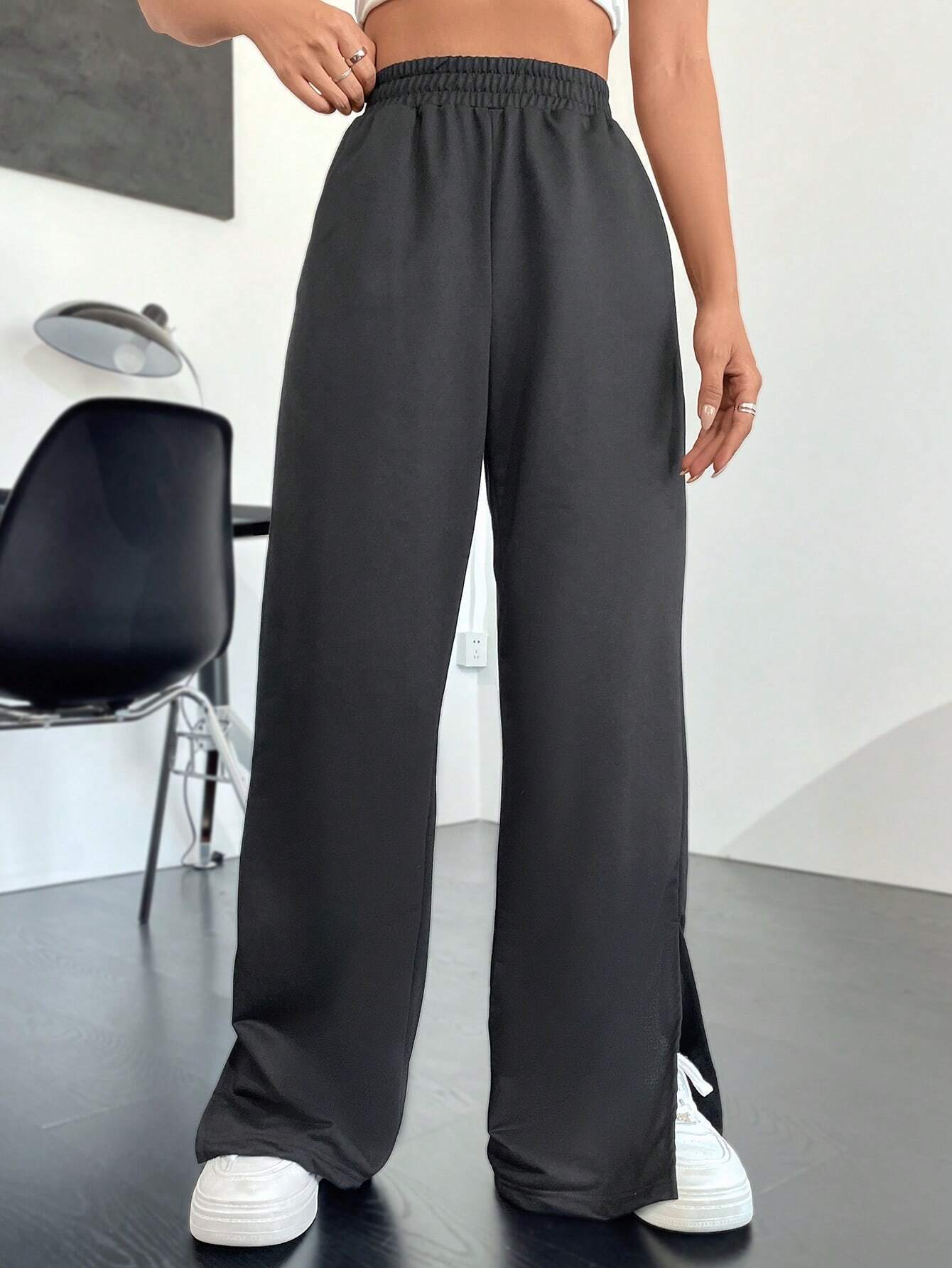 Wide-Leg Cotton Blend Trousers with High Waist and Split Hem