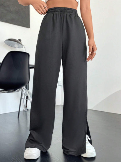 Wide-Leg Cotton Blend Trousers with High Waist and Split Hem