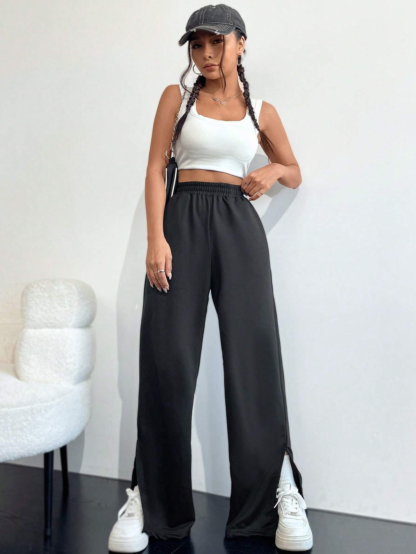 Wide-Leg Cotton Blend Trousers with High Waist and Split Hem