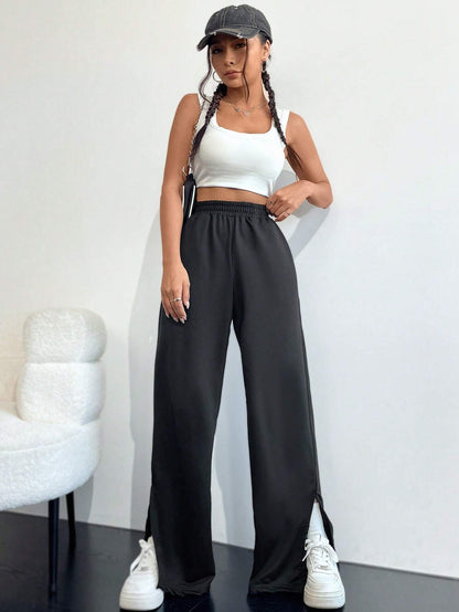 Wide-Leg Cotton Blend Trousers with High Waist and Split Hem