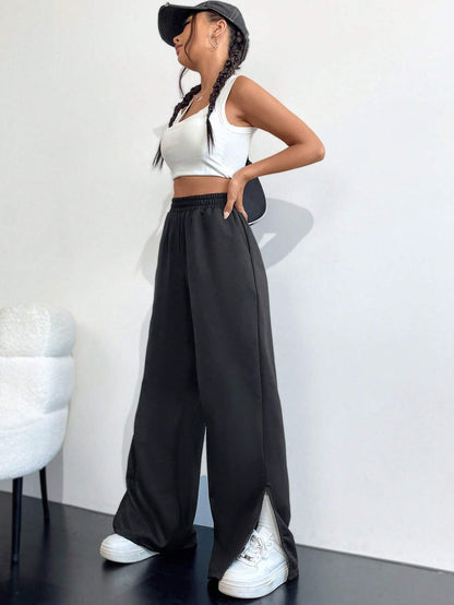 Wide-Leg Cotton Blend Trousers with High Waist and Split Hem