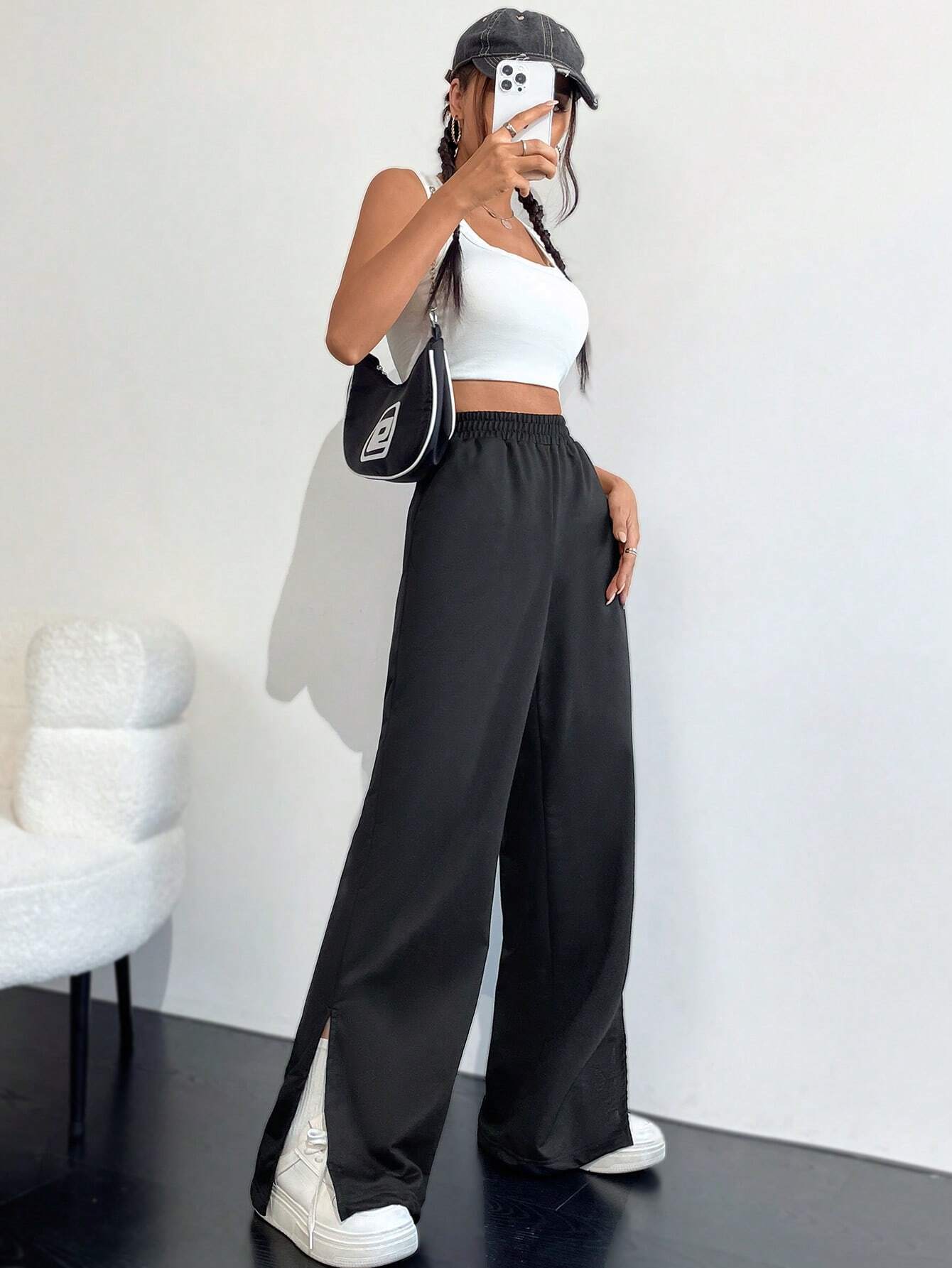 Wide-Leg Cotton Blend Trousers with High Waist and Split Hem
