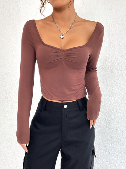 Slim Fit Cropped Top with Ruched Bust and Sweetheart Neckline