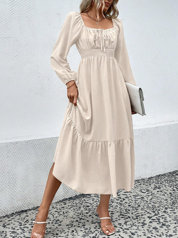 Smocked Waist Midi Dress with Square Neck and Puff Sleeves
