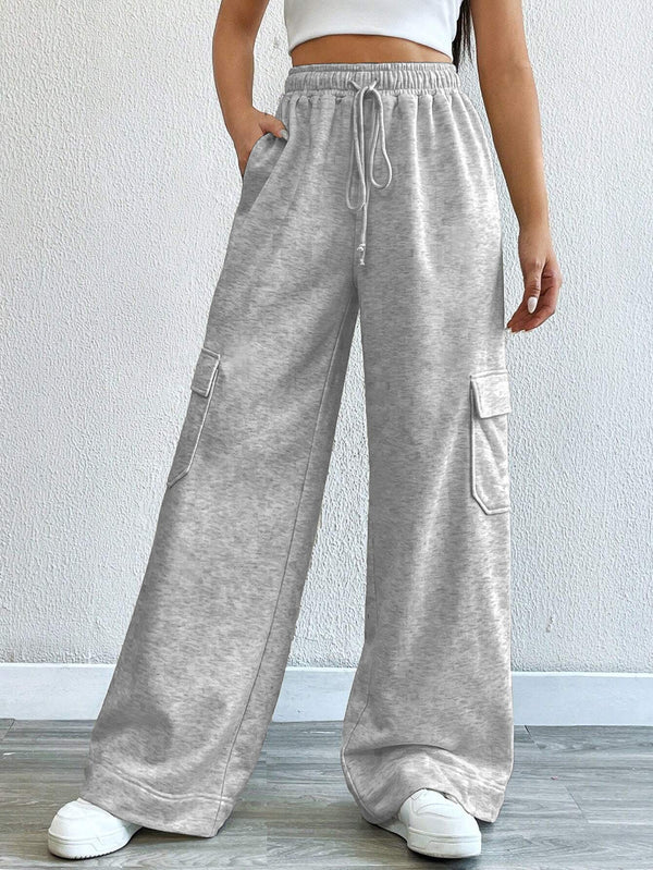 High-Waist Wide-Leg Cargo Sweatpants with Drawstring
