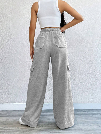 High-Waist Wide-Leg Cargo Sweatpants with Drawstring