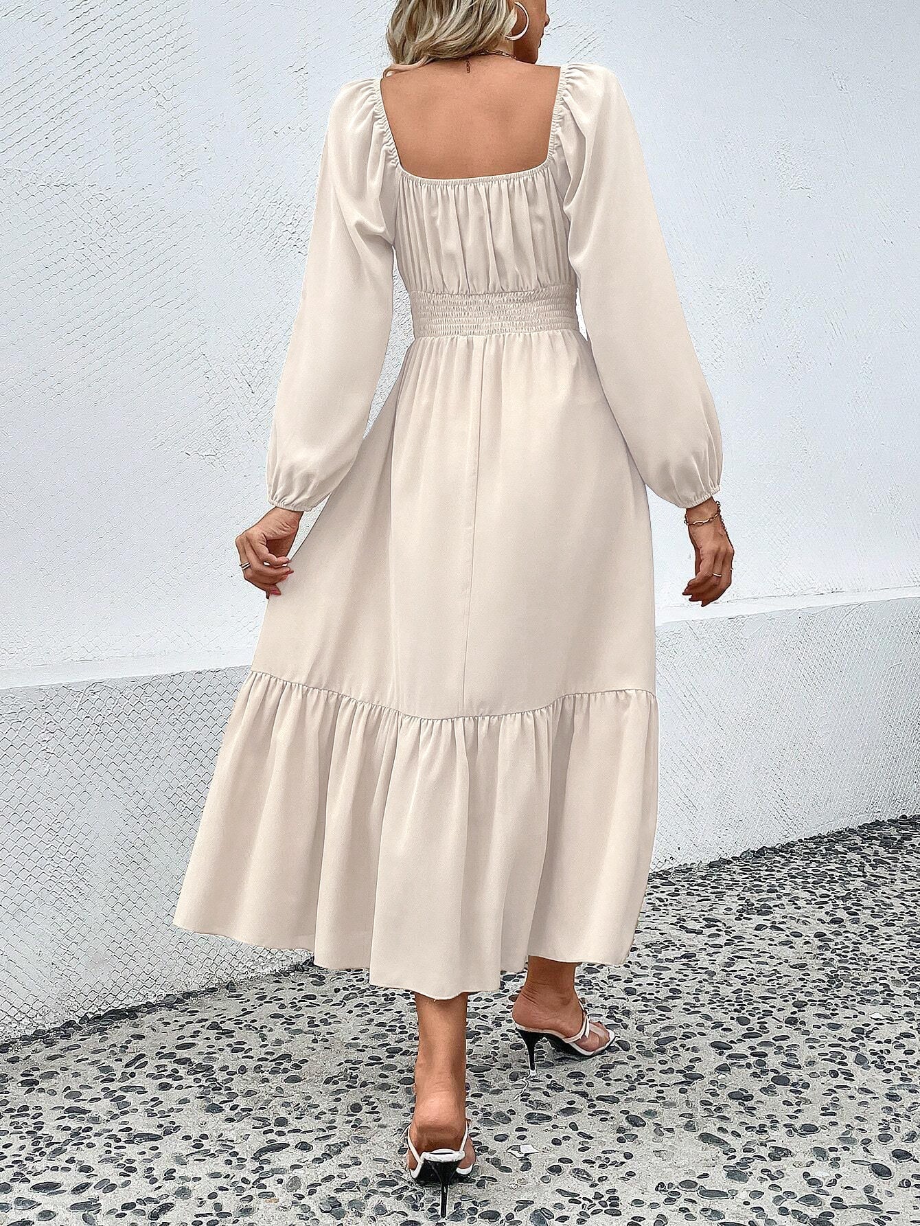 Smocked Waist Midi Dress with Square Neck and Puff Sleeves