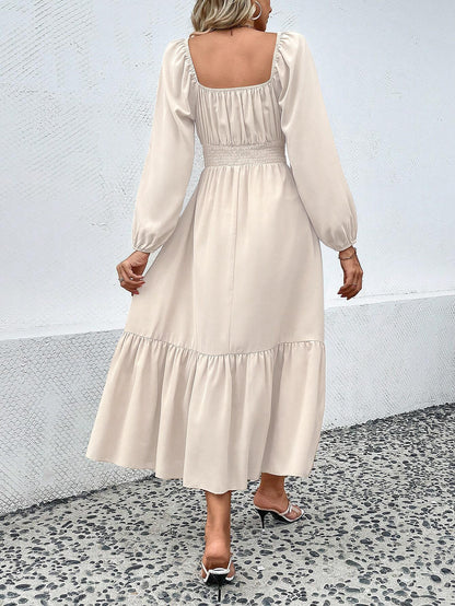 Smocked Waist Midi Dress with Square Neck and Puff Sleeves