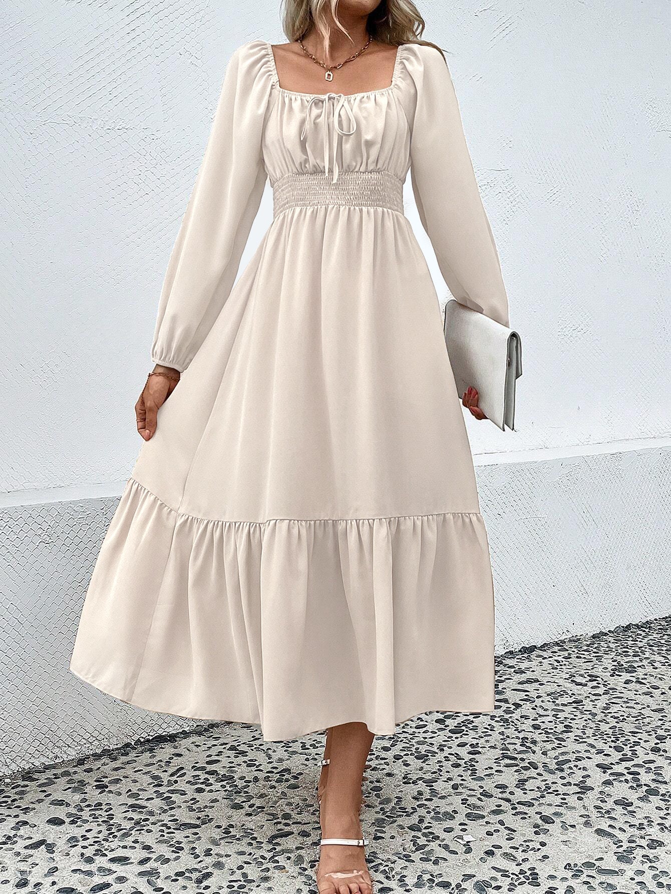 Smocked Waist Midi Dress with Square Neck and Puff Sleeves