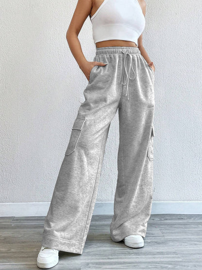 High-Waist Wide-Leg Cargo Sweatpants with Drawstring