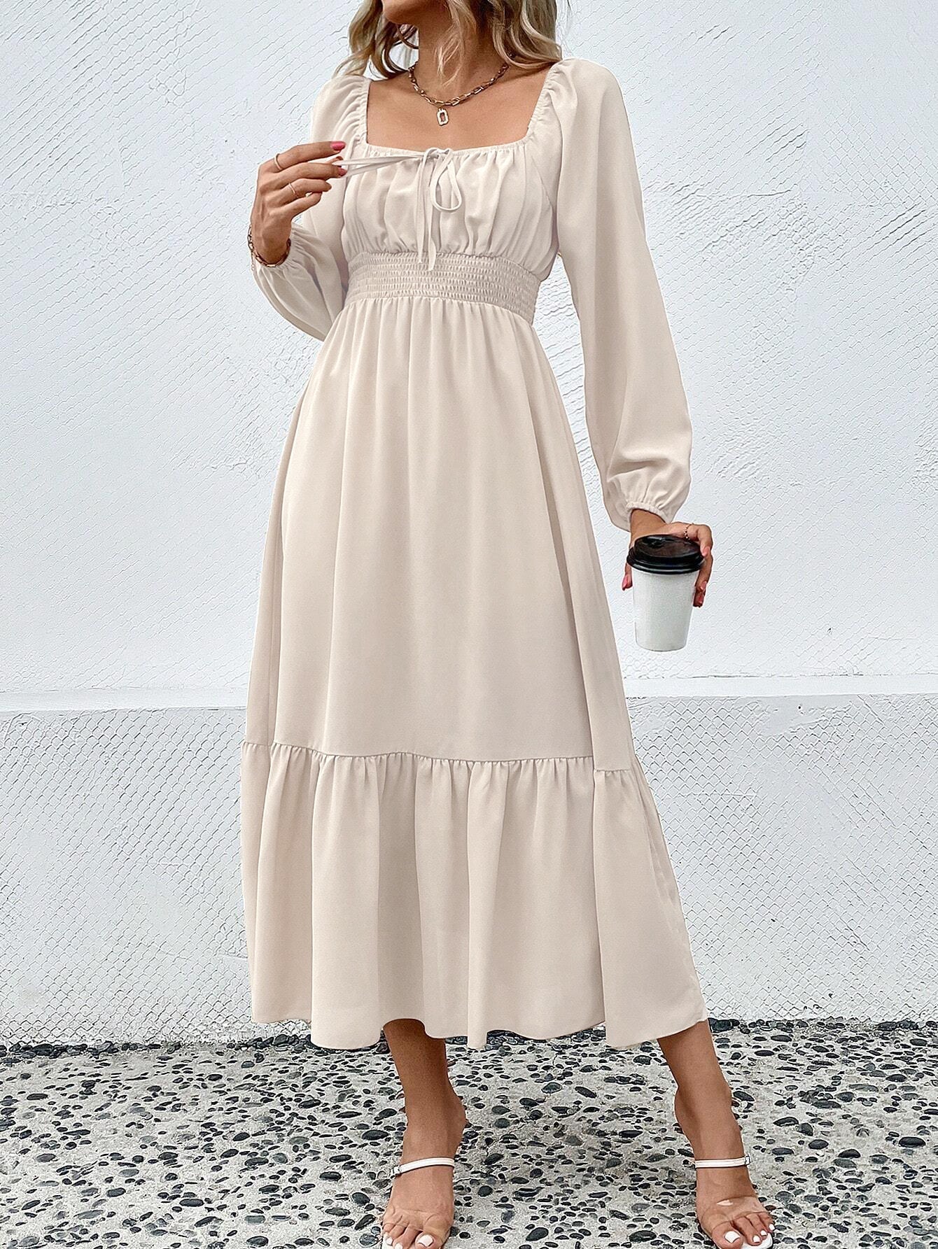 Smocked Waist Midi Dress with Square Neck and Puff Sleeves