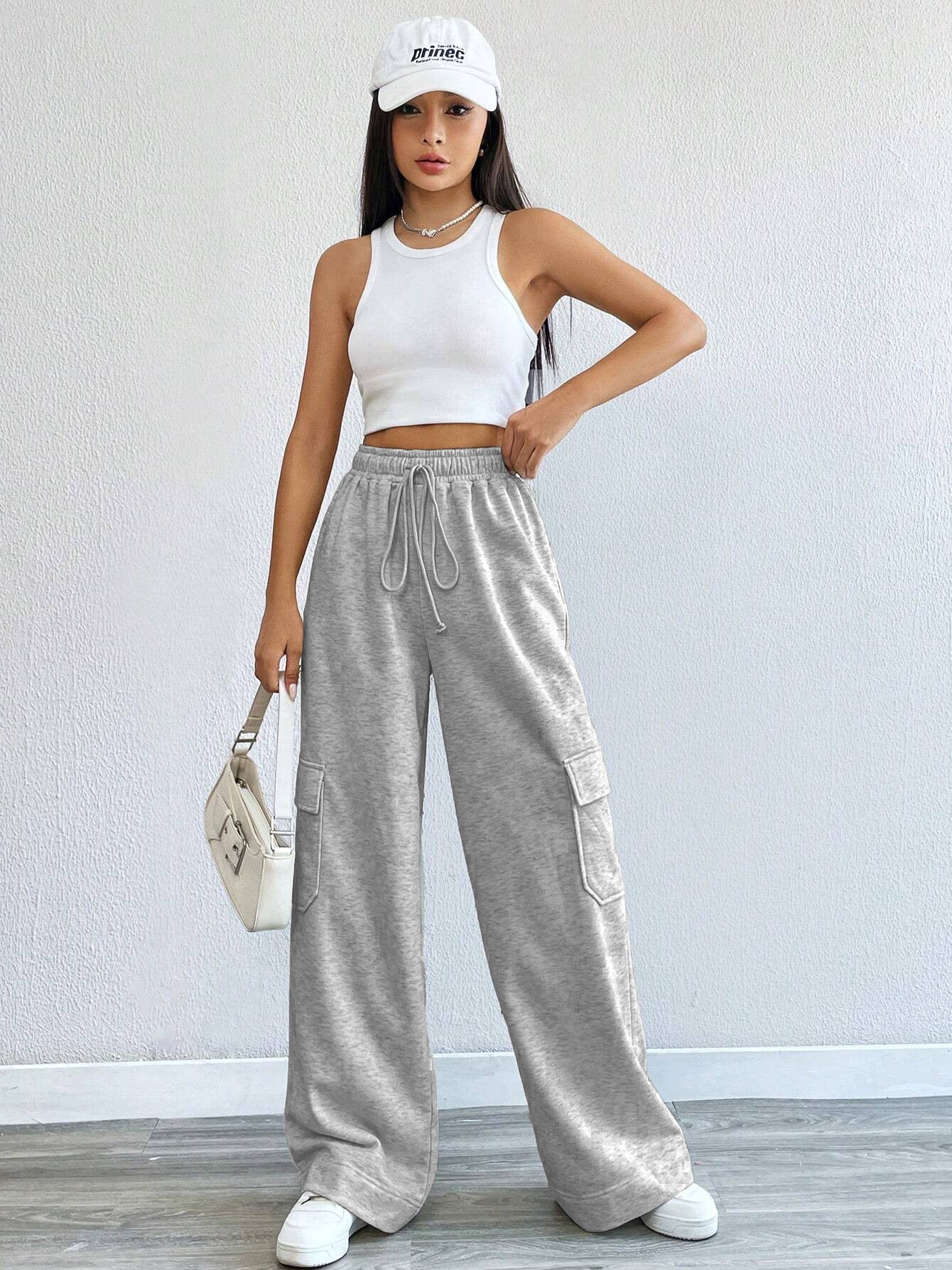 High-Waist Wide-Leg Cargo Sweatpants with Drawstring