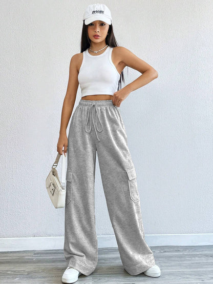High-Waist Wide-Leg Cargo Sweatpants with Drawstring