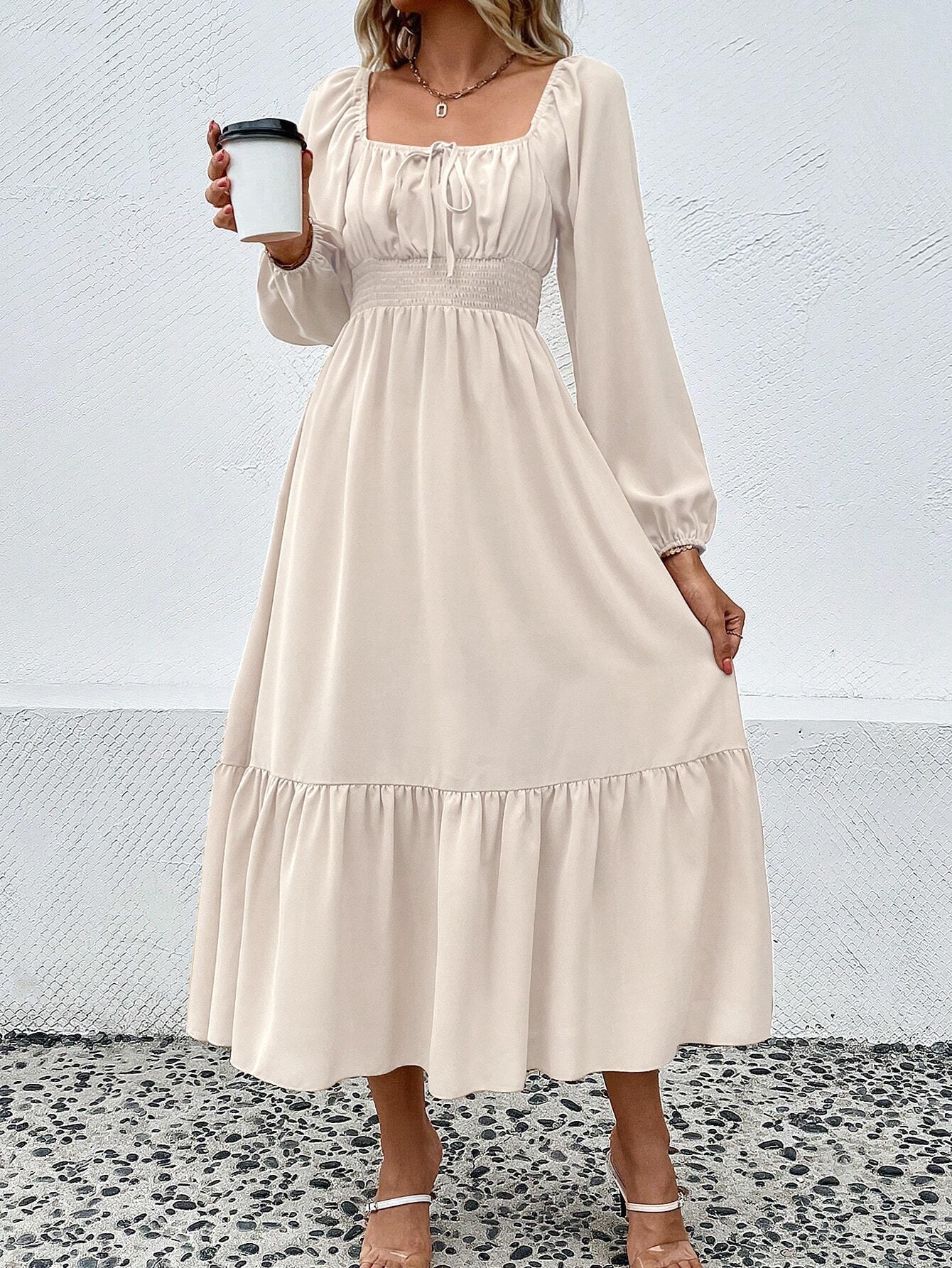 Smocked Waist Midi Dress with Square Neck and Puff Sleeves