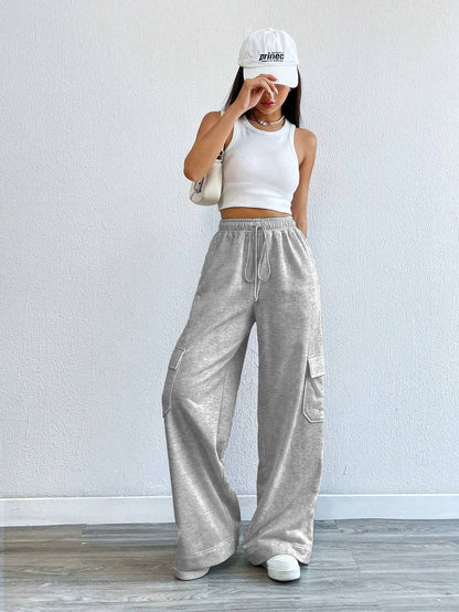 High-Waist Wide-Leg Cargo Sweatpants with Drawstring