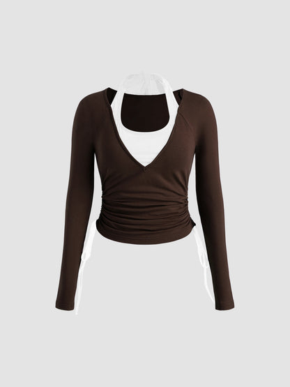 Ruched Long Sleeve Top with Contrast Halter Neck and Lace-Up