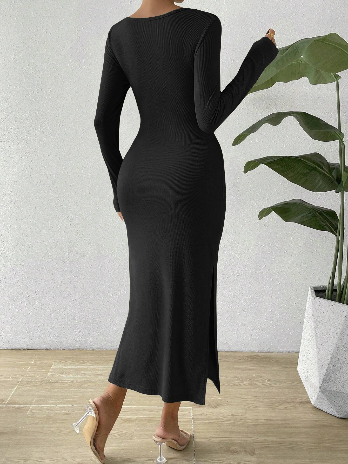 Ribbed Knit Bodycon Midi Dress with Front Cutout and Twist Detail