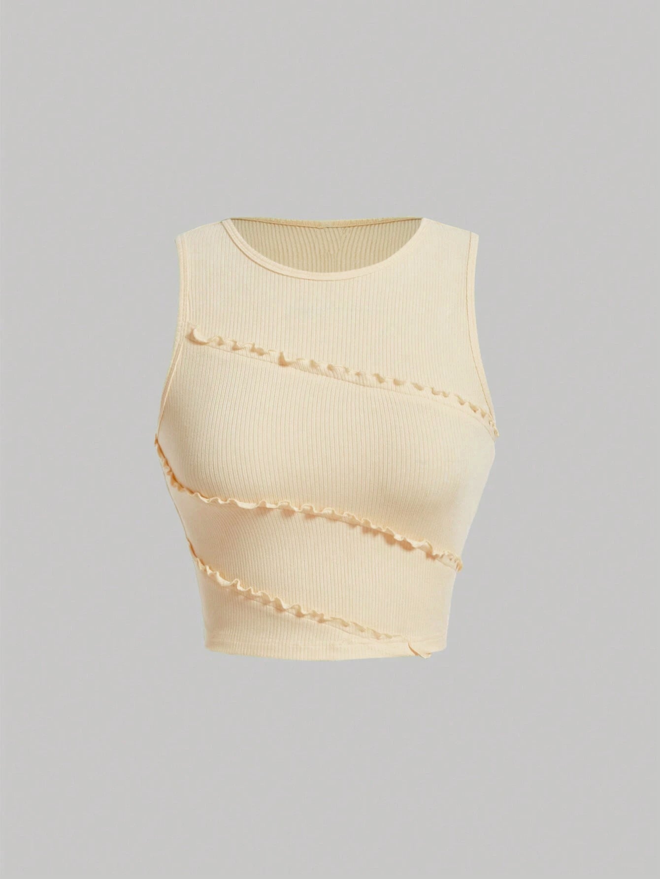 Slim Fit Ribbed Knit Top with Diagonal Lettuce Edge