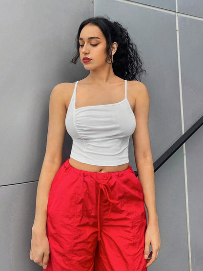 Slim Fit Ruched Crop Top with Asymmetrical Neckline