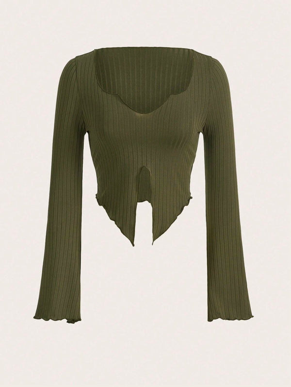 Slim Fit Ribbed Top with Horn Sleeves and Asymmetric Hem