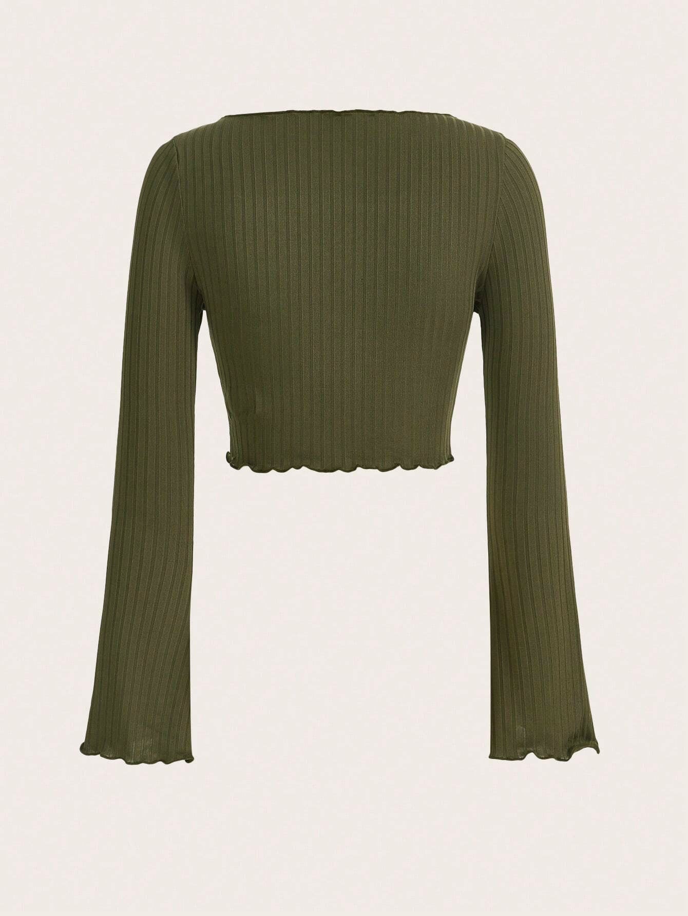 Slim Fit Ribbed Top with Horn Sleeves and Asymmetric Hem