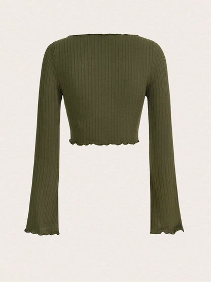 Slim Fit Ribbed Top with Horn Sleeves and Asymmetric Hem
