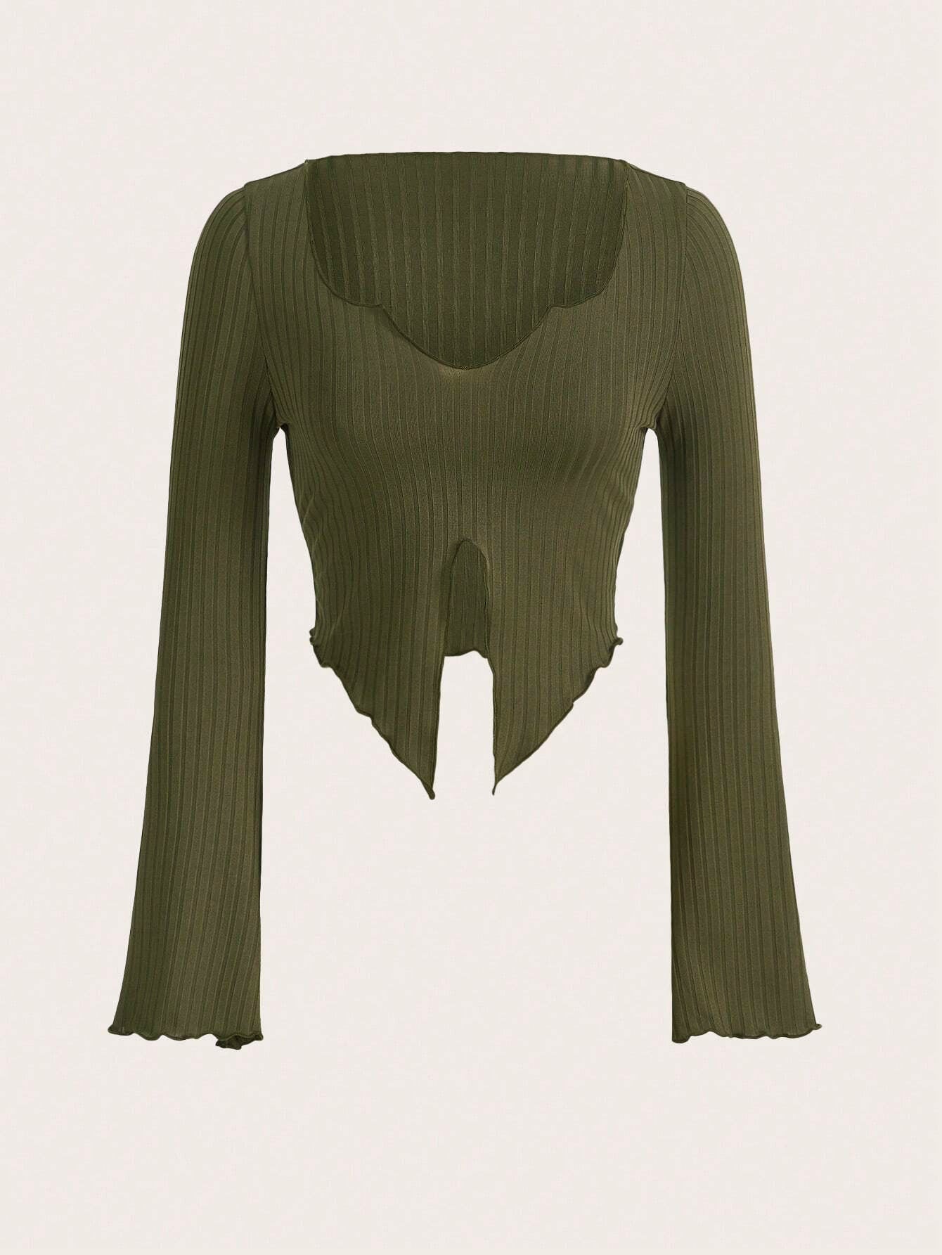 Slim Fit Ribbed Top with Horn Sleeves and Asymmetric Hem