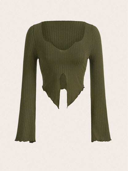 Slim Fit Ribbed Top with Horn Sleeves and Asymmetric Hem