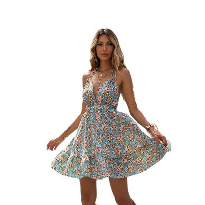 Floral Print A-Line Mini Dress with Halter Neck and Ruffle Hem