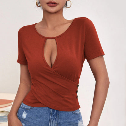 Short Sleeve Wrap Top with Keyhole Cutout and Side Buttons