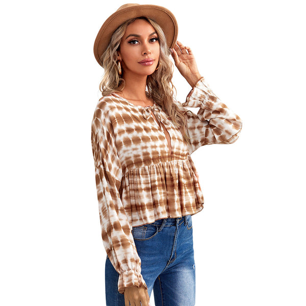 Tie-Dye Striped Peplum Blouse with V-Neck and Tie Detail