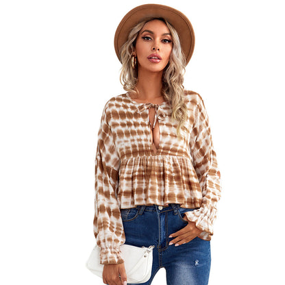 Tie-Dye Striped Peplum Blouse with V-Neck and Tie Detail