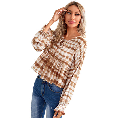 Tie-Dye Striped Peplum Blouse with V-Neck and Tie Detail