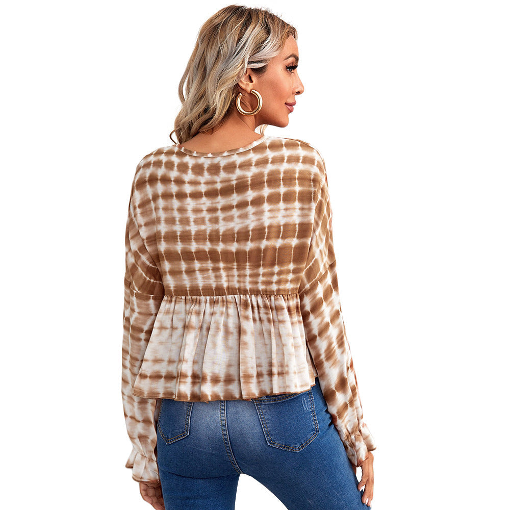Tie-Dye Striped Peplum Blouse with V-Neck and Tie Detail