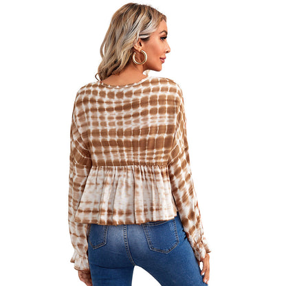 Tie-Dye Striped Peplum Blouse with V-Neck and Tie Detail