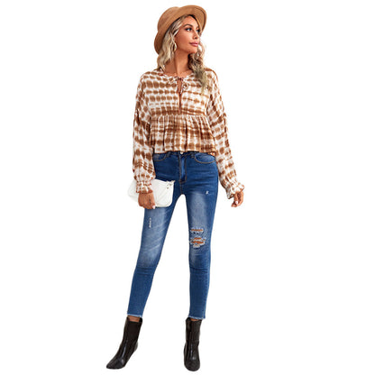 Tie-Dye Striped Peplum Blouse with V-Neck and Tie Detail