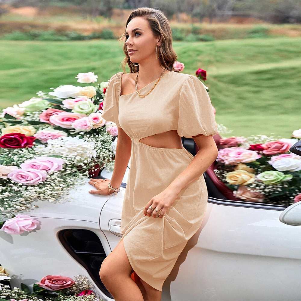 A-Line Midi Dress with Slant Collar and Side Cutout