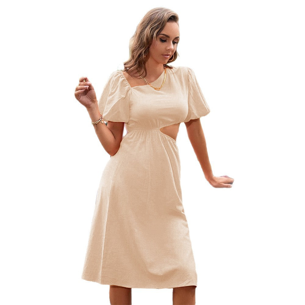 A-Line Midi Dress with Slant Collar and Side Cutout