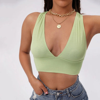 Ribbed Knit Crop Top with Deep V-Neck and Wide Straps