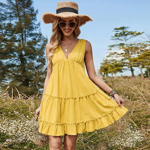 Solid V-Neck Tiered Mini Dress with Ruffle Hem